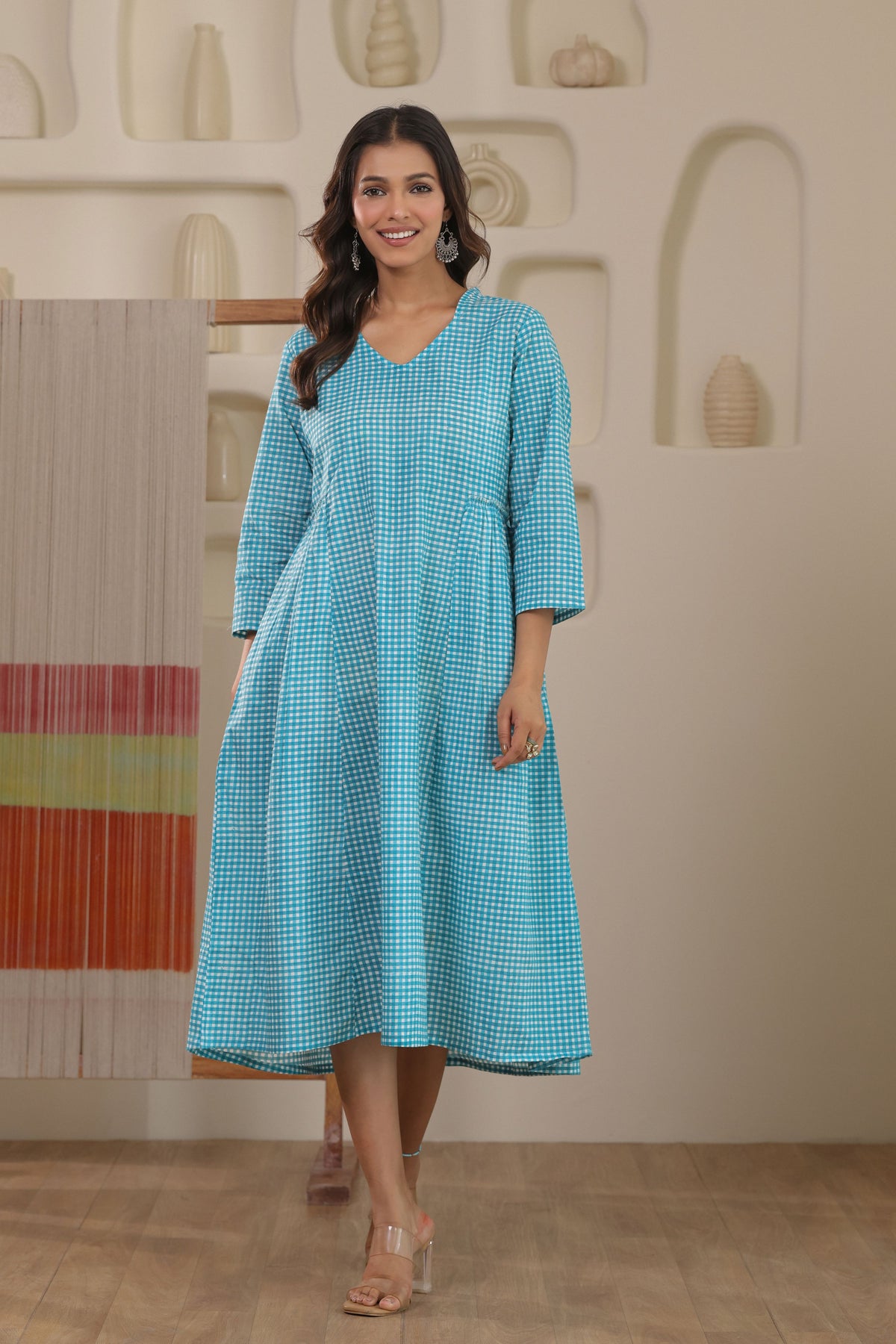 Micro Check Cotton Cambric Dress - Green