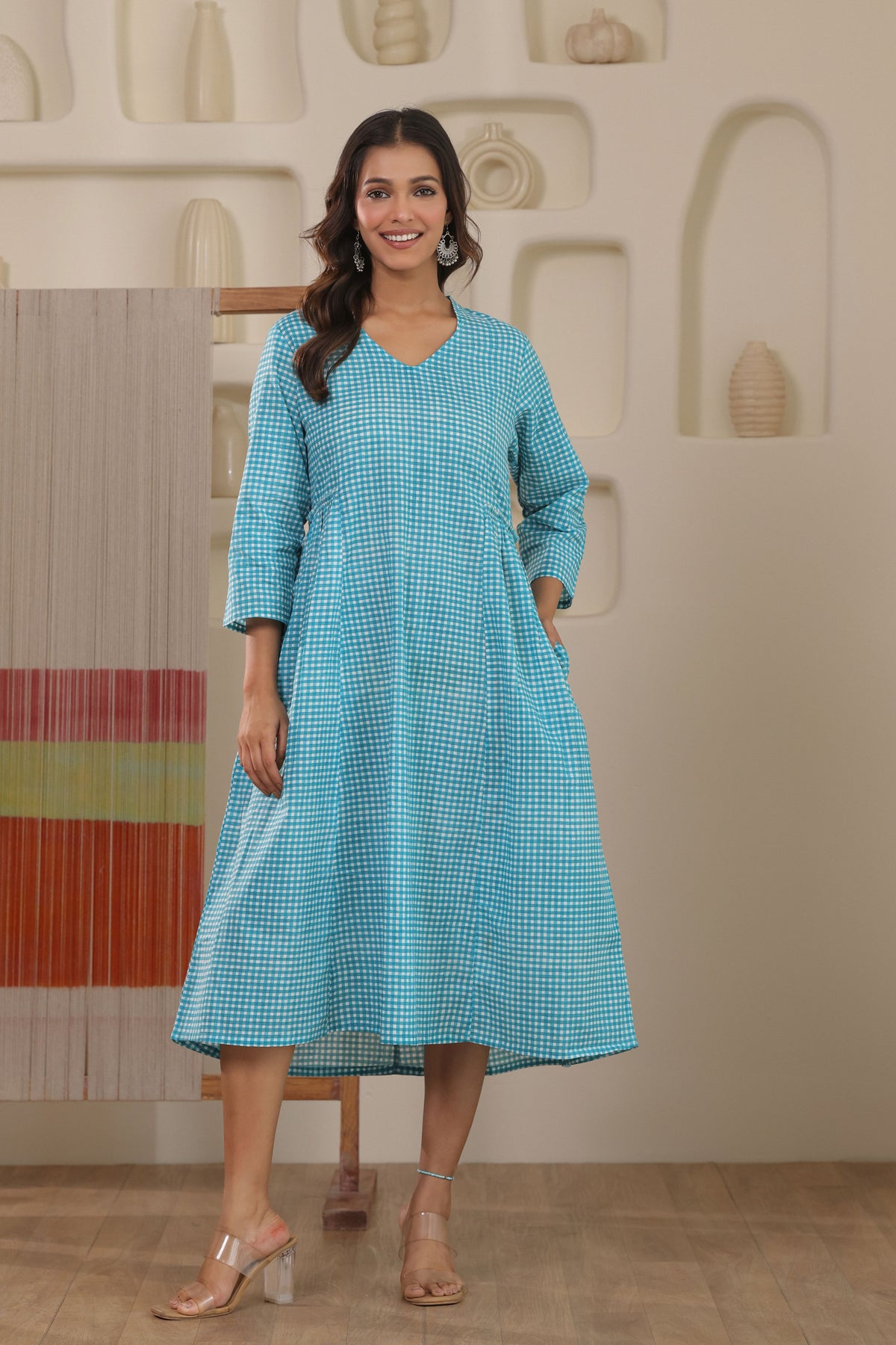 Micro Check Cotton Cambric Dress - Green
