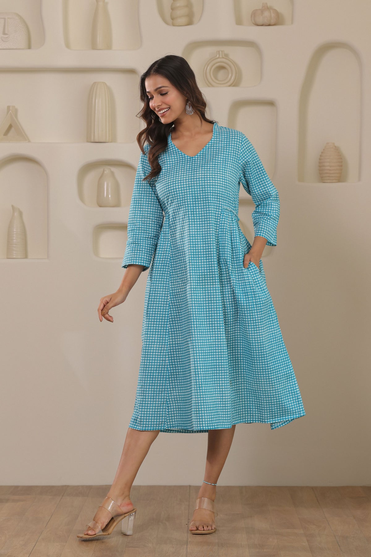 Micro Check Cotton Cambric Dress - Green