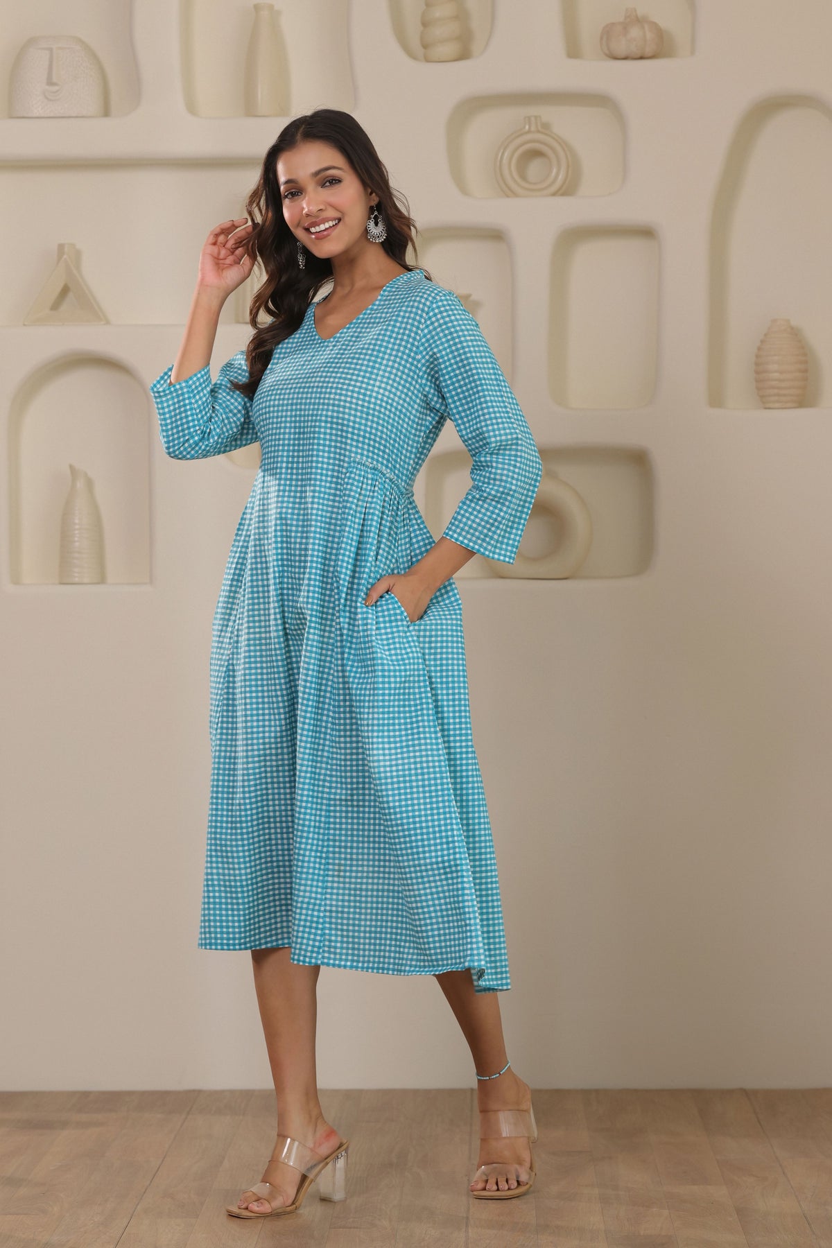 Micro Check Cotton Cambric Dress - Green