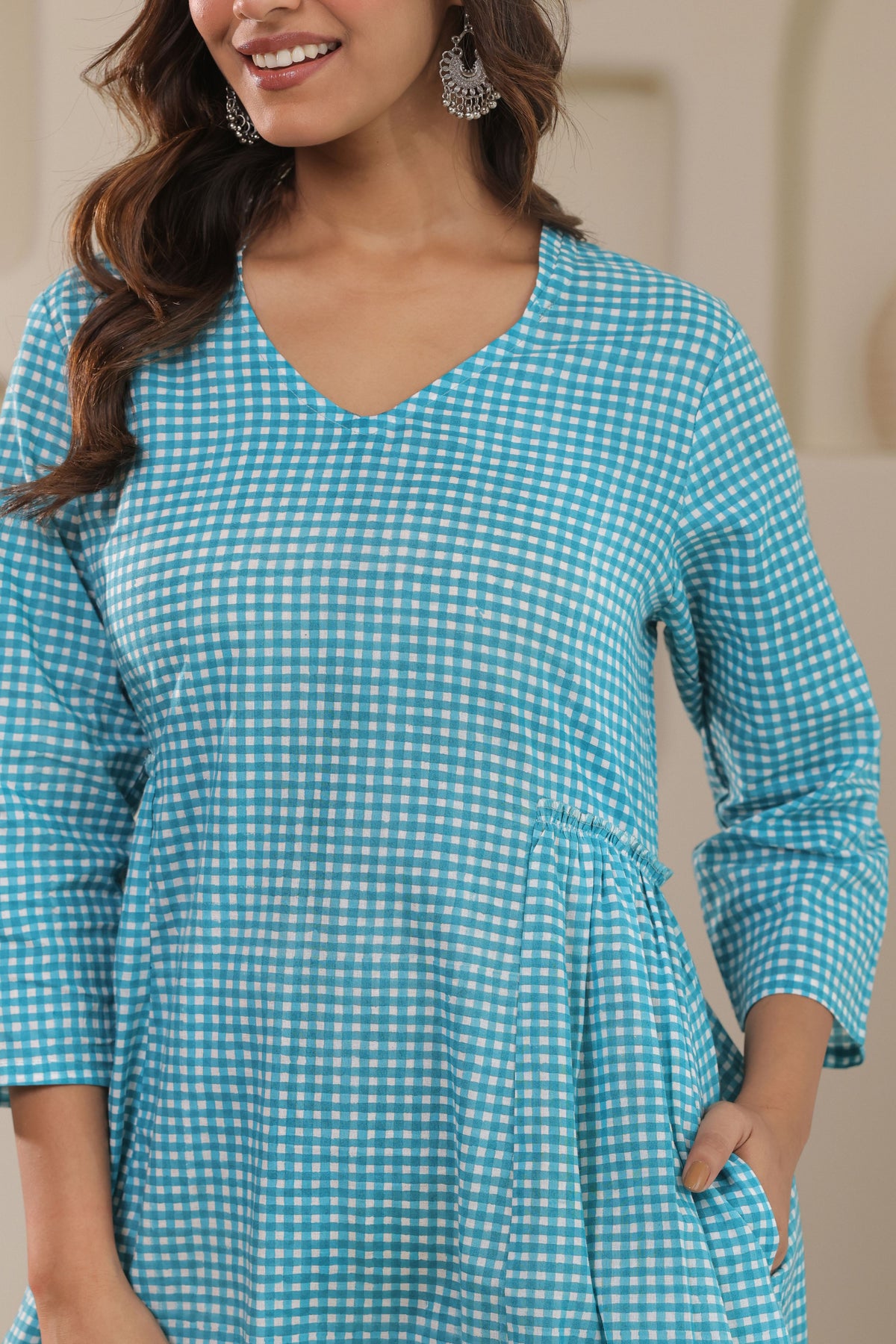 Micro Check Cotton Cambric Dress - Green