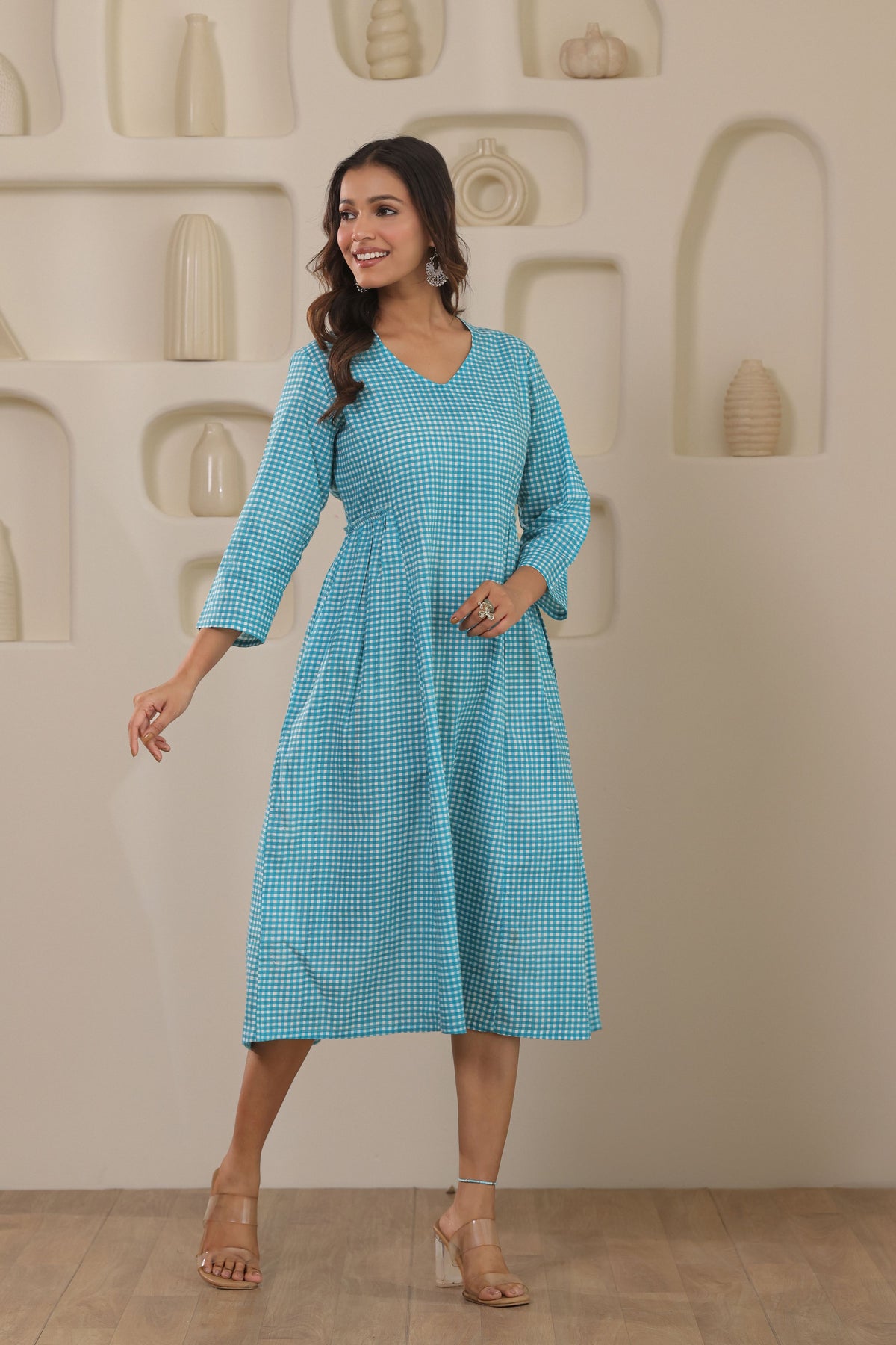 Micro Check Cotton Cambric Dress - Green
