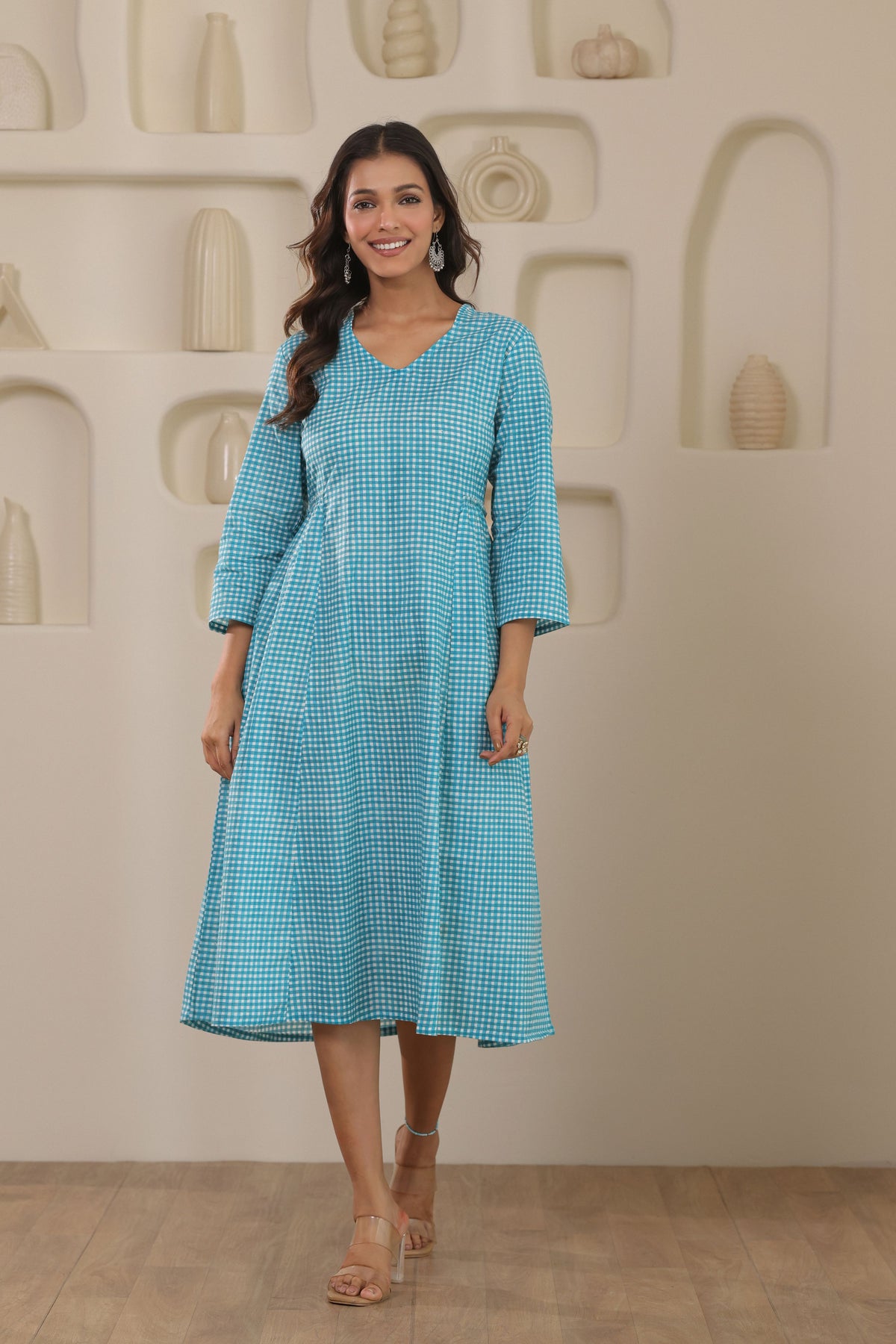 Micro Check Cotton Cambric Dress - Green