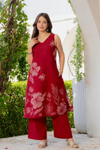 Gul-Bano Sleeveless Kurta With Plain Palazzo Set Maroon