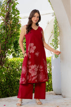 Gul-Bano Sleeveless Kurta With Plain Palazzo Set Maroon