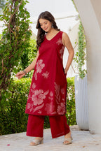 Gul-Bano Sleeveless Kurta With Plain Palazzo Set Maroon