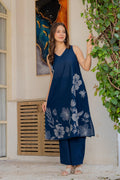 Gul-Bano Sleeveless Kurta With Plain Palazzo Set Navy Blue