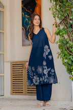 Gul-Bano Sleeveless Kurta With Plain Palazzo Set Navy Blue