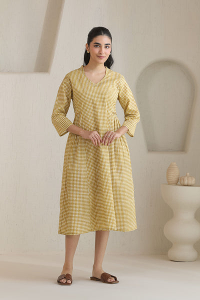 Micro Check Cotton Cambric Dress - Khaki