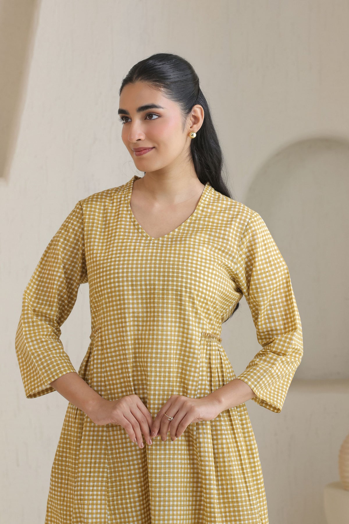 Micro Check Cotton Cambric Dress - Khaki