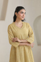 Micro Check Cotton Cambric Dress - Khaki