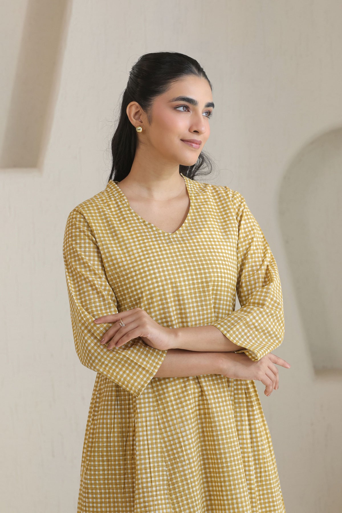 Micro Check Cotton Cambric Dress - Khaki