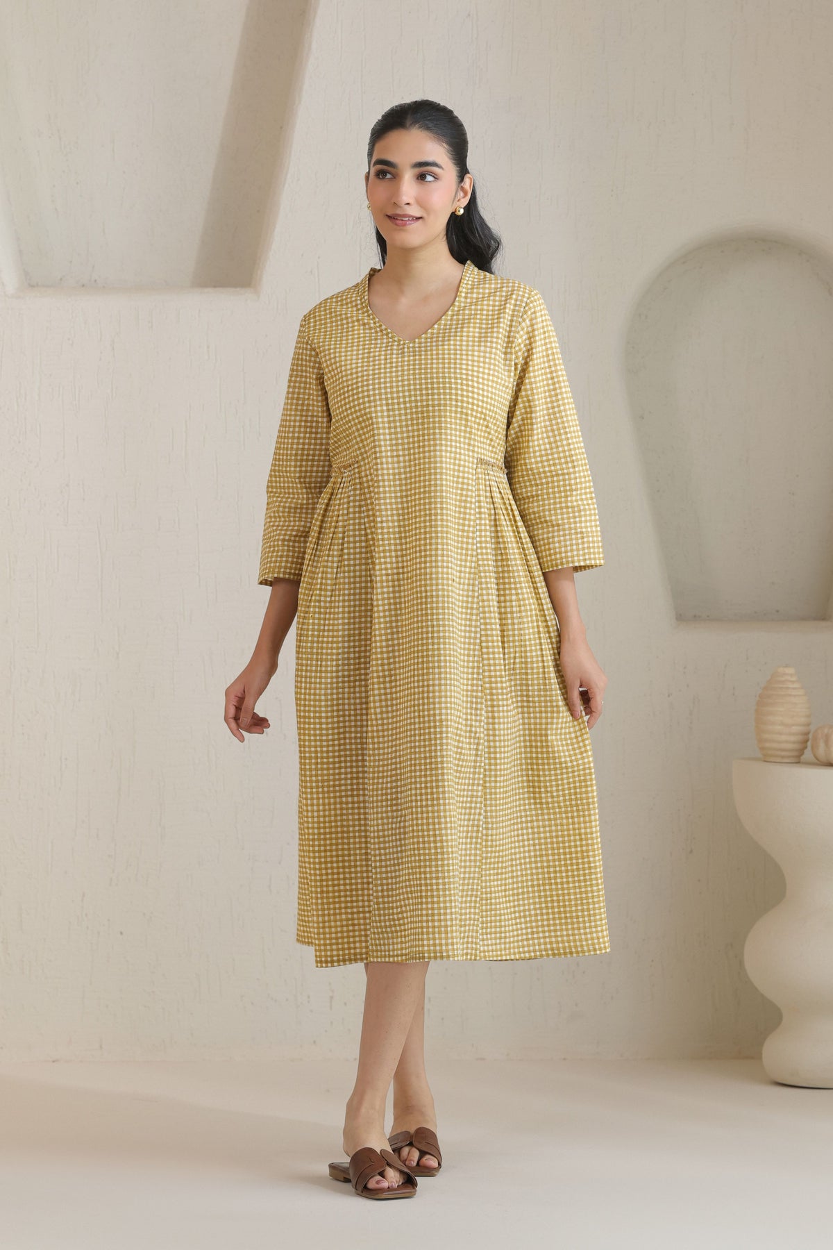 Micro Check Cotton Cambric Dress - Khaki