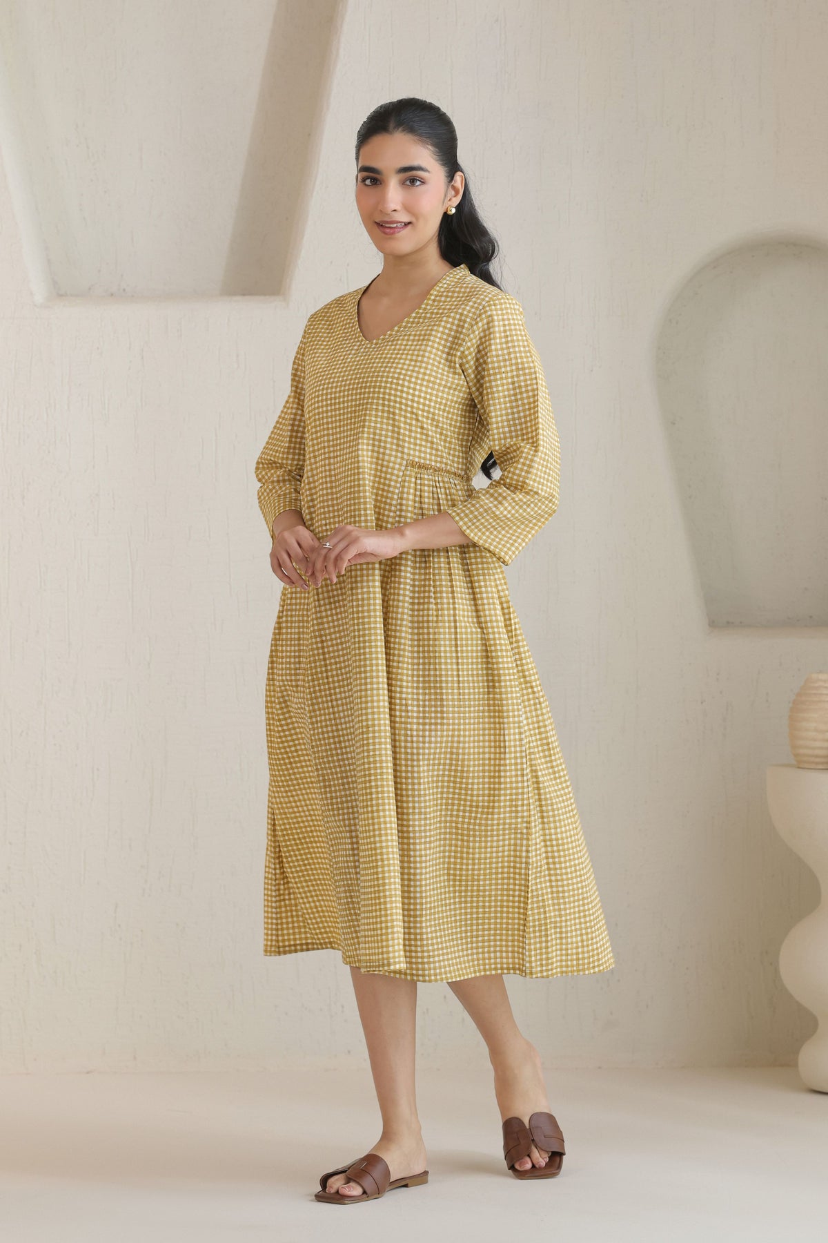 Micro Check Cotton Cambric Dress - Khaki