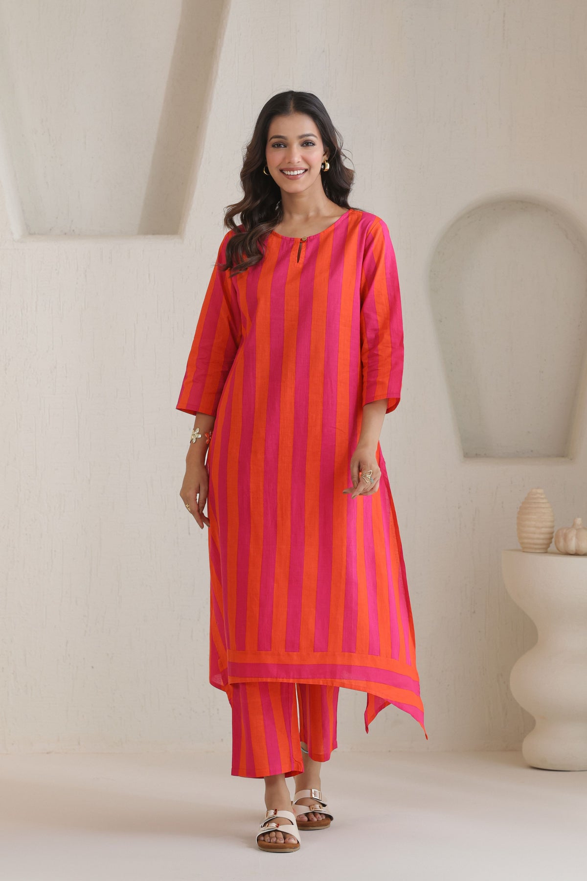 Rhythm Multistripe Kurta Pant Set - Orange