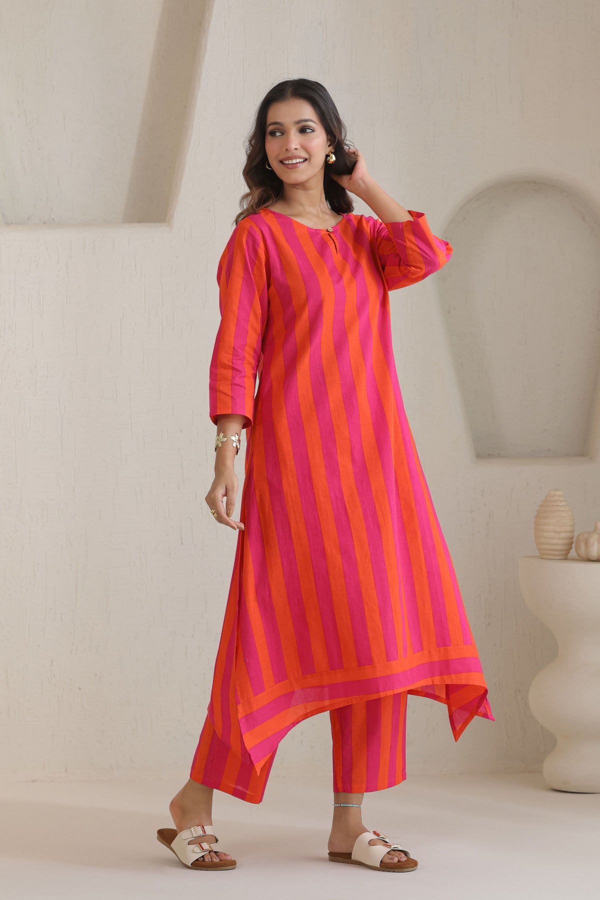 Rhythm Multistripe Kurta Pant Set - Orange