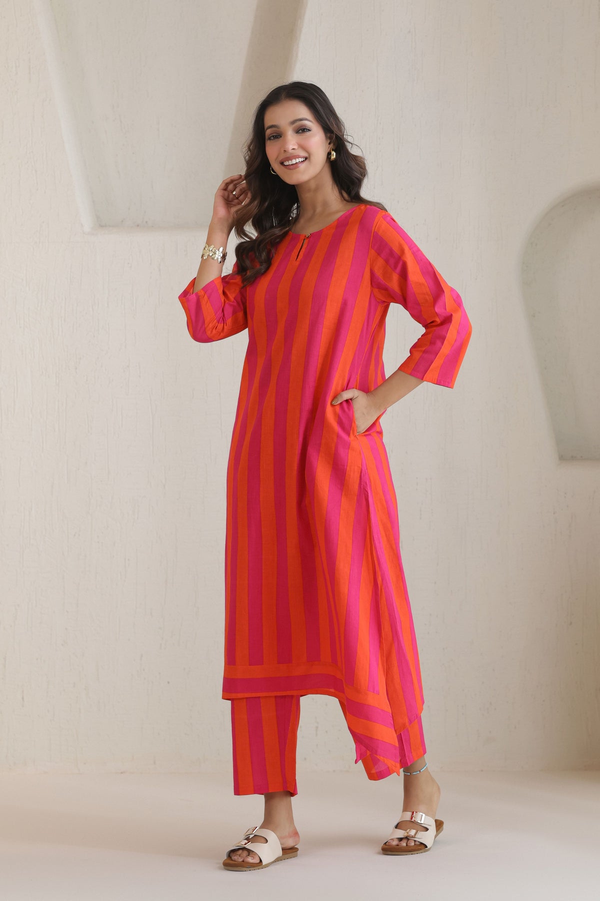 Rhythm Multistripe Kurta Pant Set - Orange