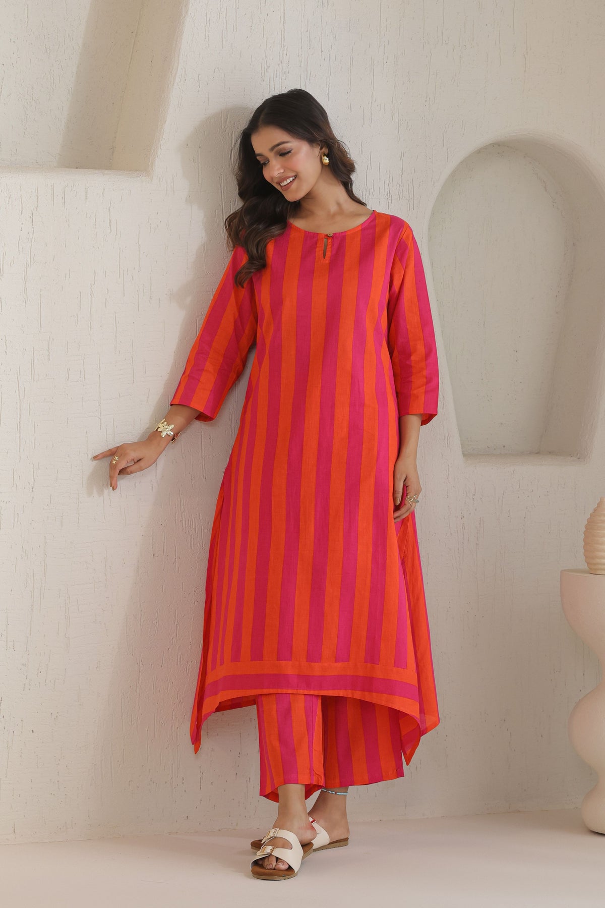 Rhythm Multistripe Kurta Pant Set - Orange