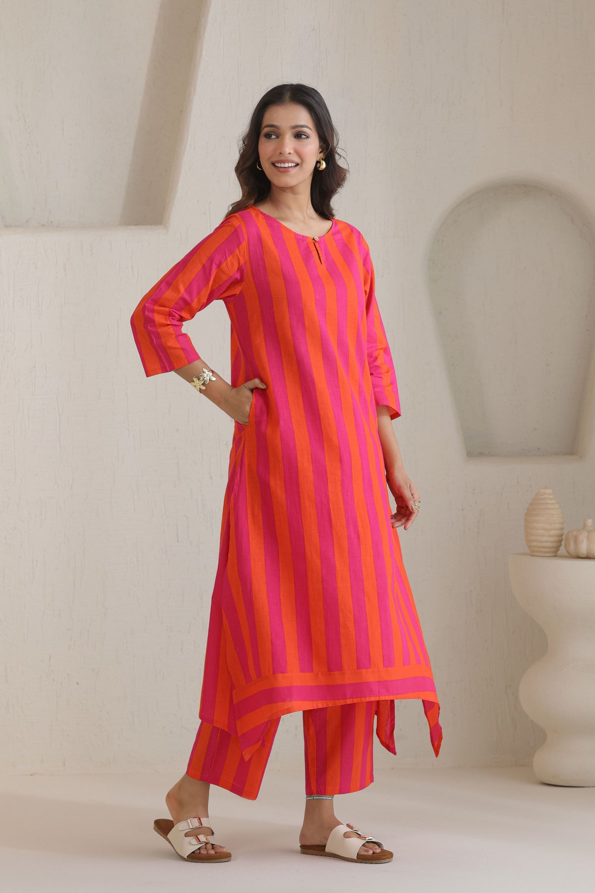 Rhythm Multistripe Kurta Pant Set - Orange