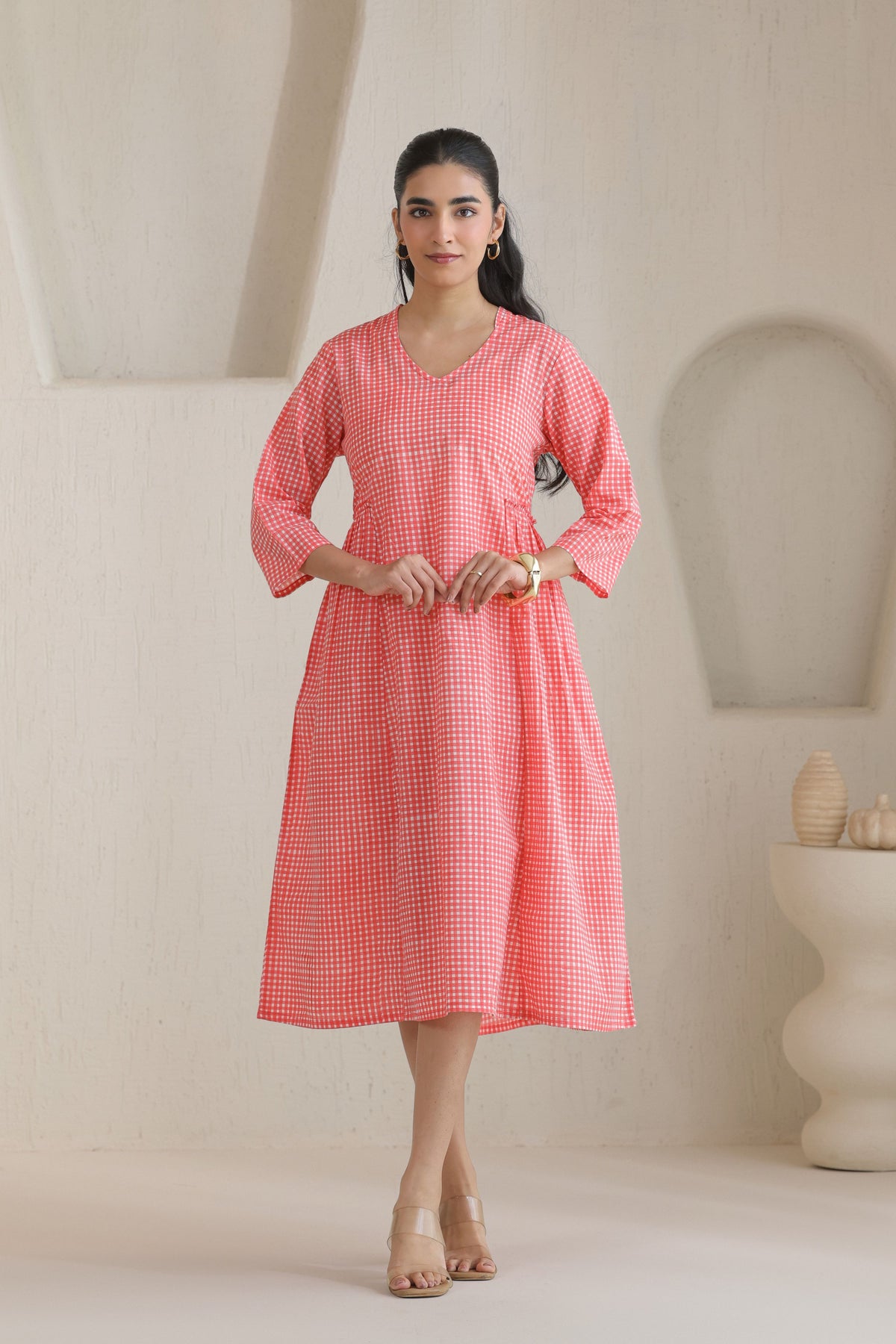 Micro Check Cotton Cambric Dress - Peach
