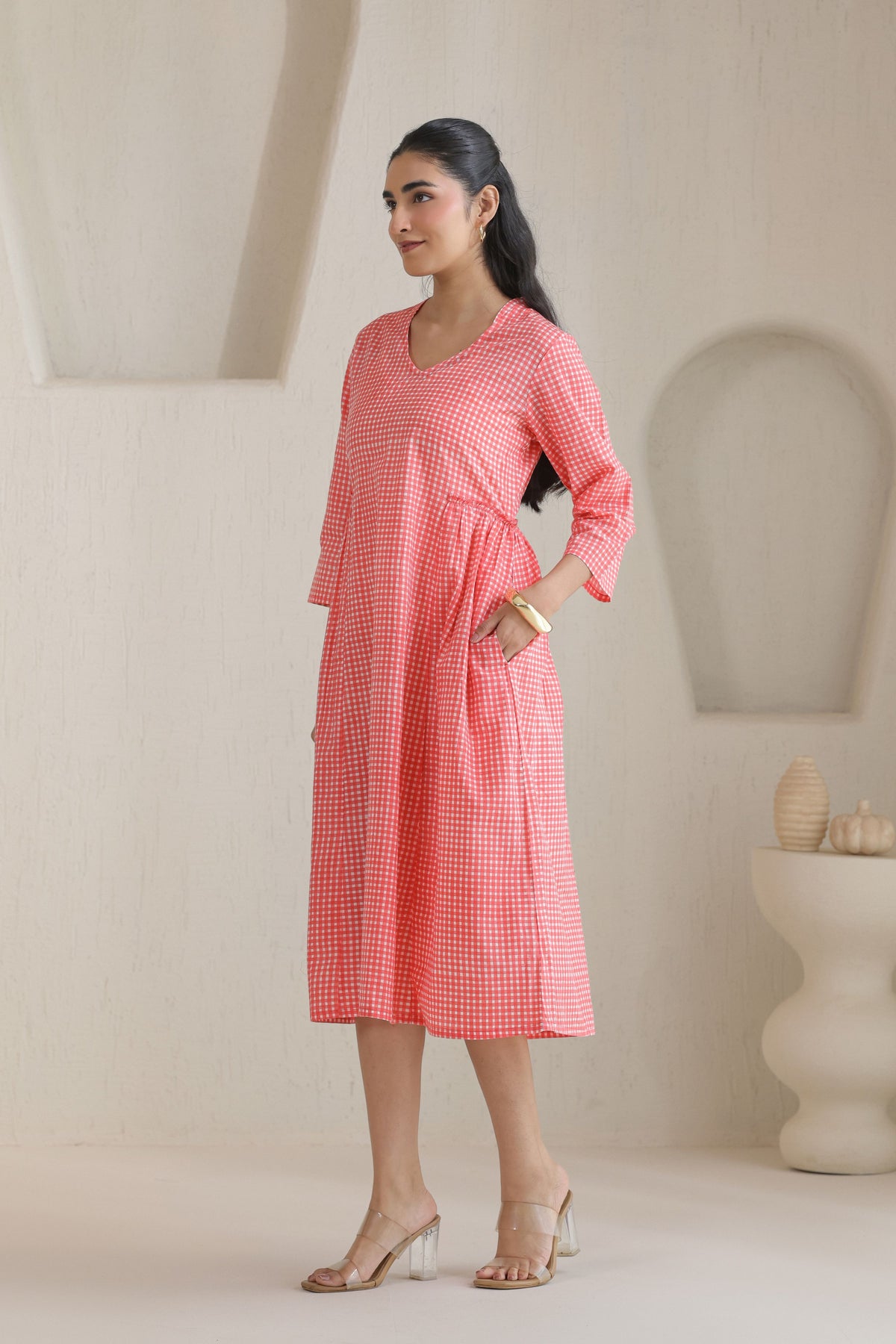 Micro Check Cotton Cambric Dress - Peach