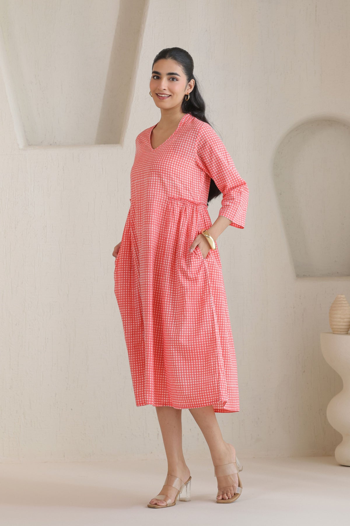 Micro Check Cotton Cambric Dress - Peach