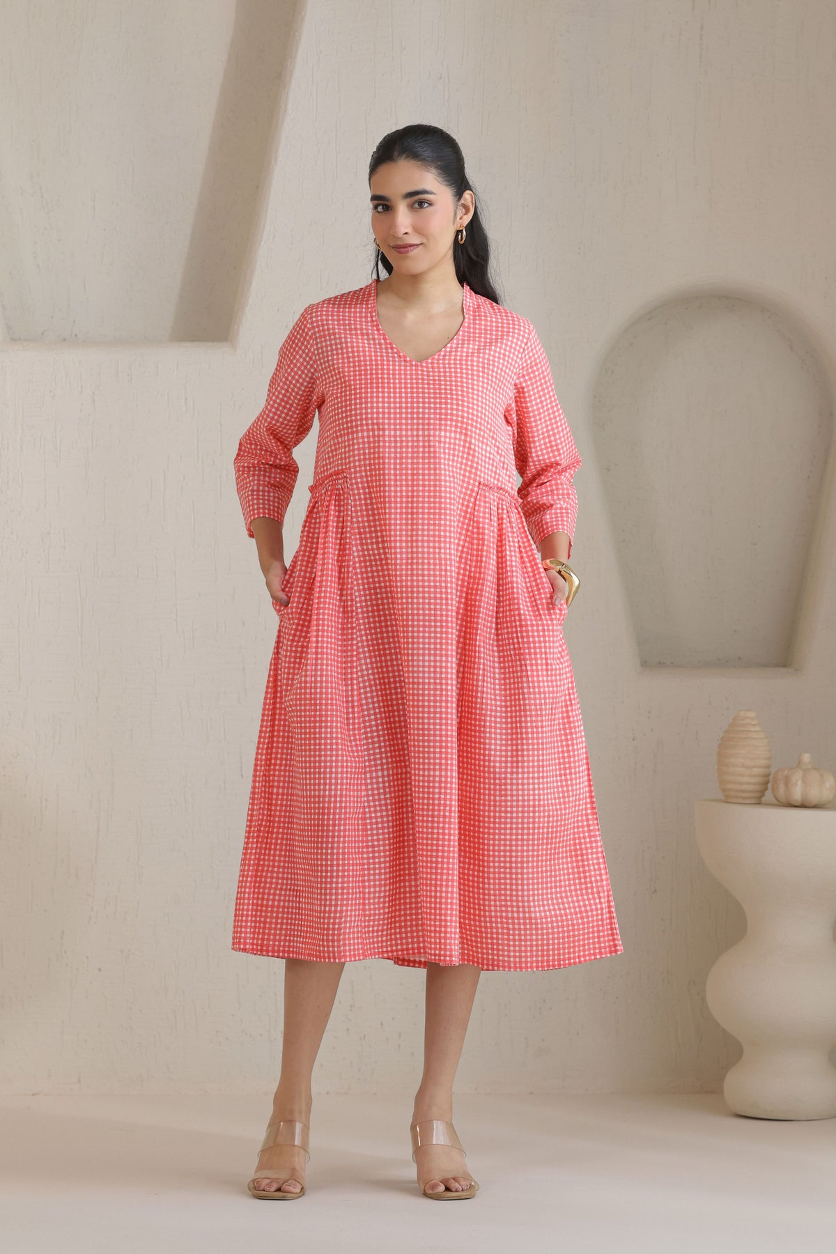 Micro Check Cotton Cambric Dress - Peach