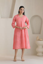 Micro Check Cotton Cambric Dress - Peach