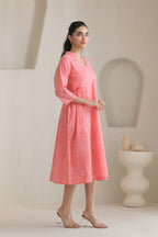 Micro Check Cotton Cambric Dress - Peach