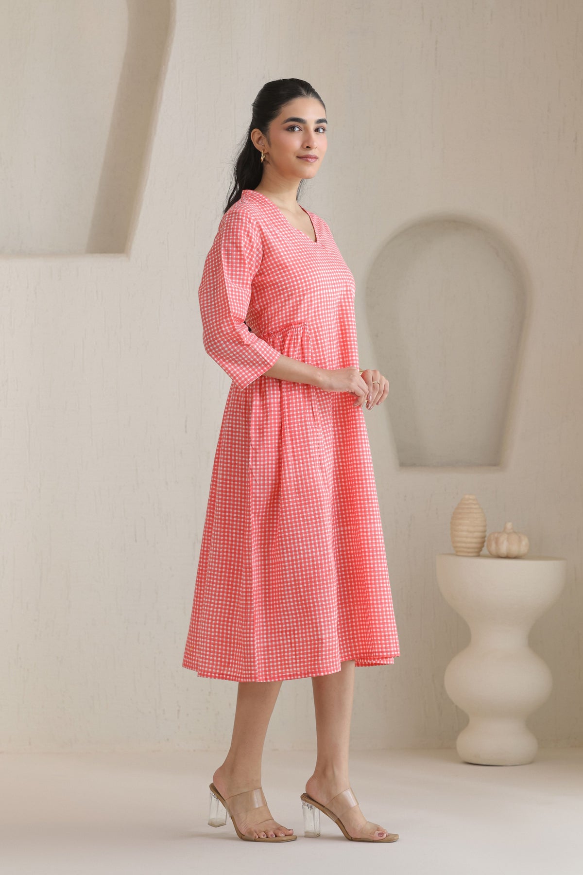 Micro Check Cotton Cambric Dress - Peach