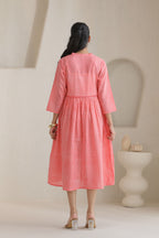 Micro Check Cotton Cambric Dress - Peach