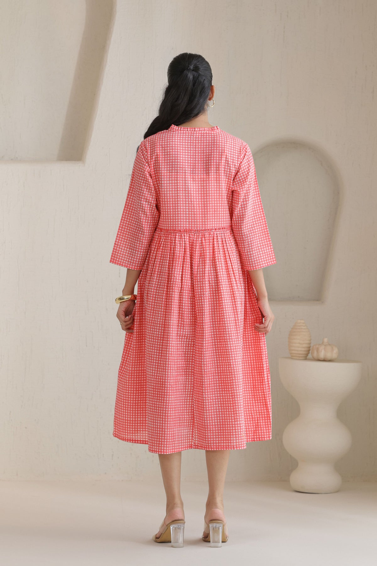 Micro Check Cotton Cambric Dress - Peach