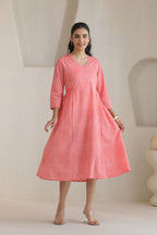 Micro Check Cotton Cambric Dress - Peach