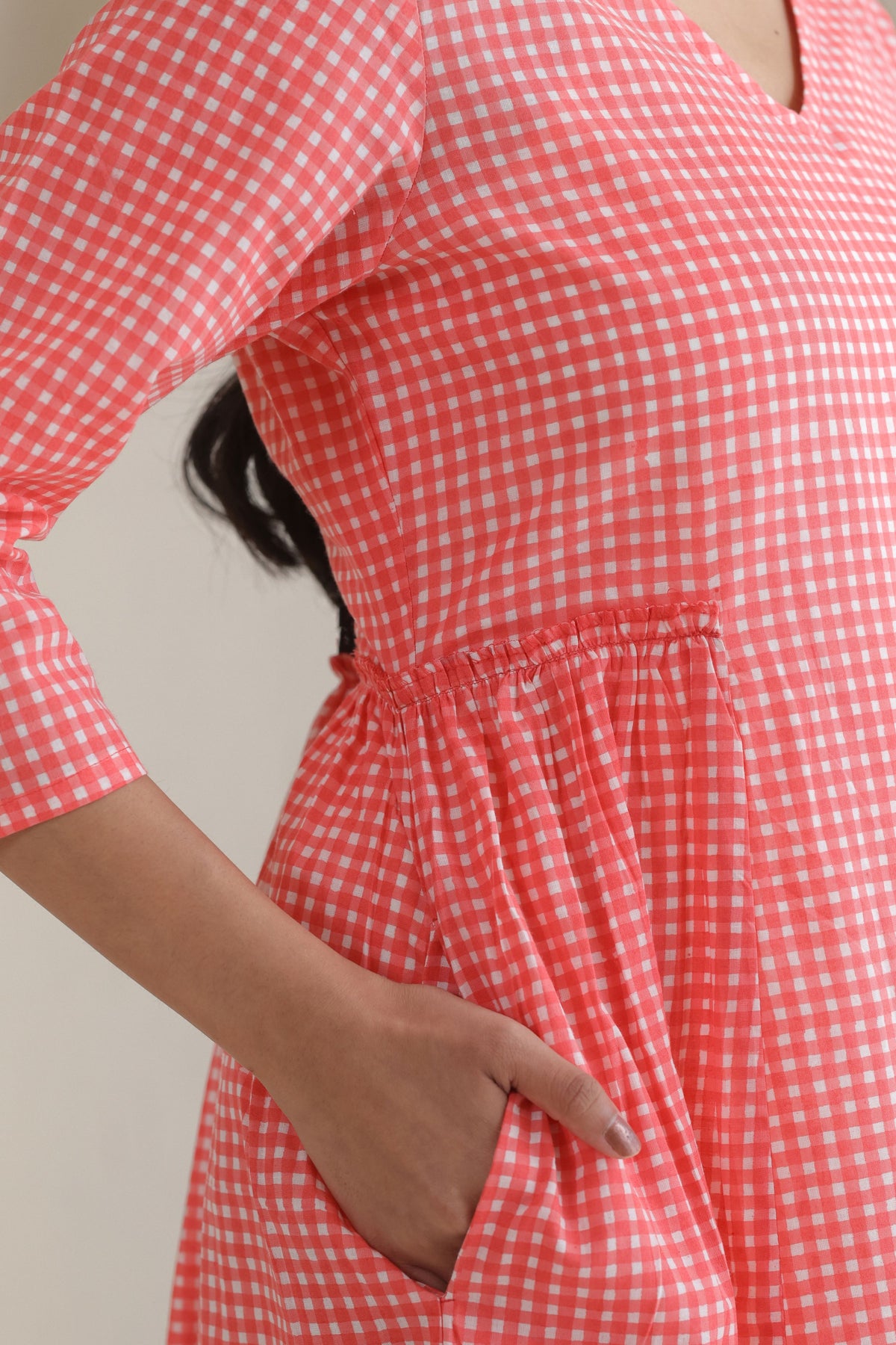 Micro Check Cotton Cambric Dress - Peach