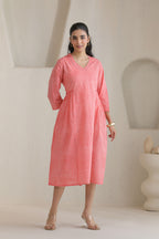 Micro Check Cotton Cambric Dress - Peach