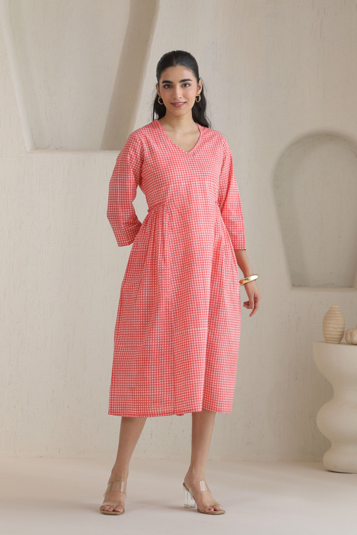 Micro Check Cotton Cambric Dress - Peach