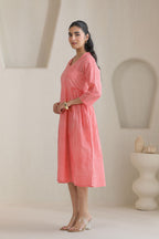 Micro Check Cotton Cambric Dress - Peach