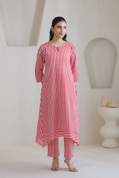 Classic Stripe Kurta Pant Set - Red