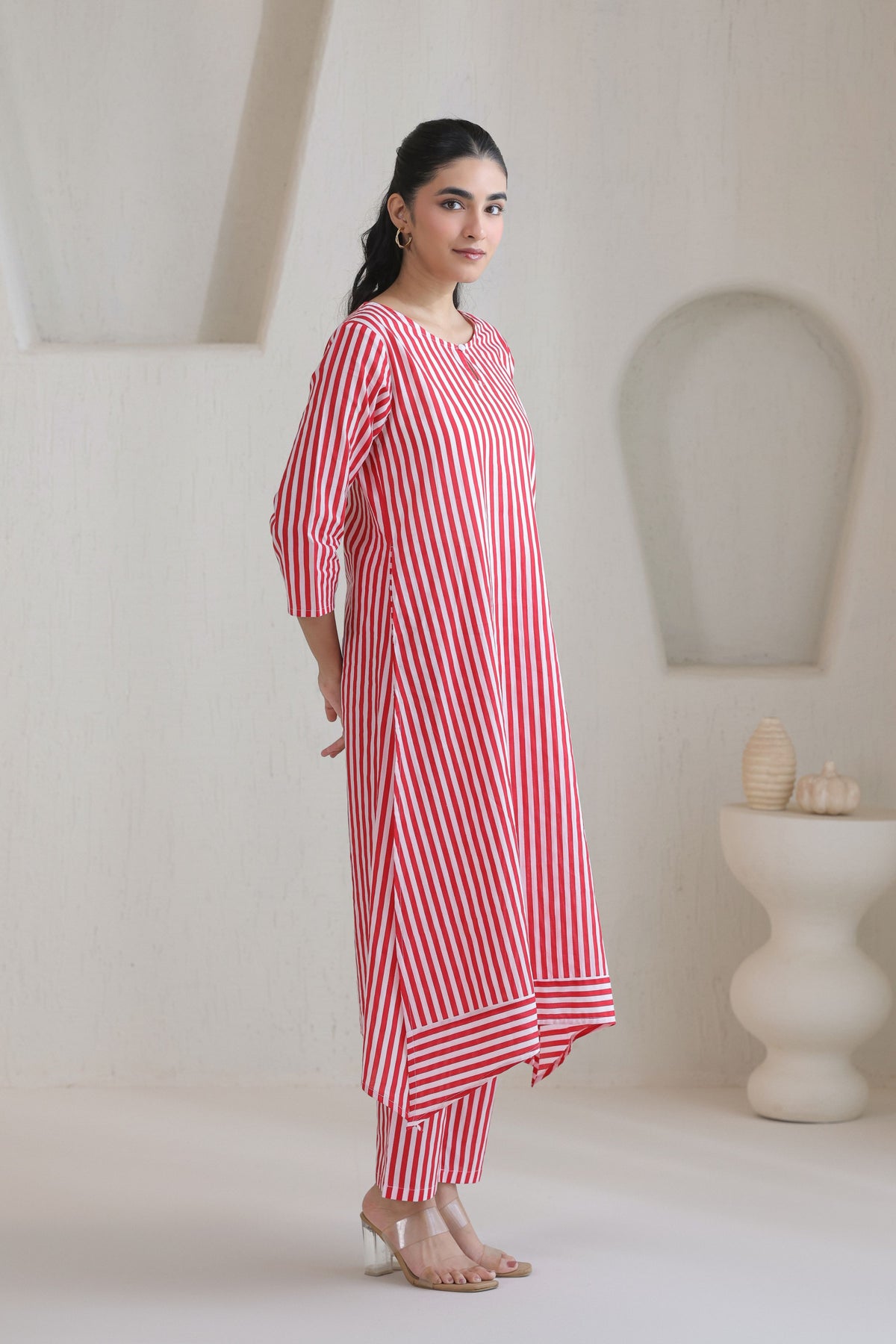 Classic Stripe Kurta Pant Set - Red