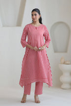 Classic Stripe Kurta Pant Set - Red