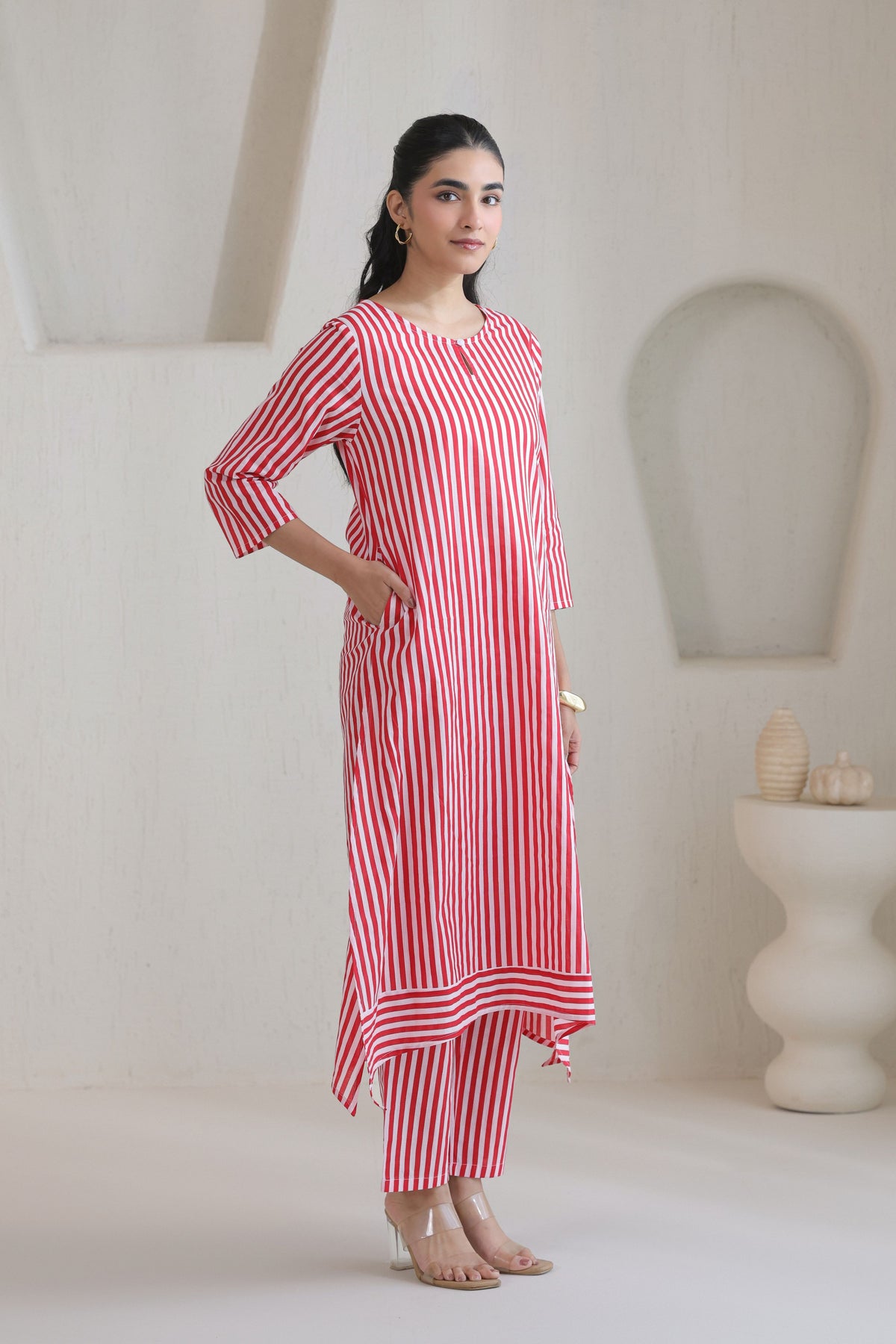 Classic Stripe Kurta Pant Set - Red