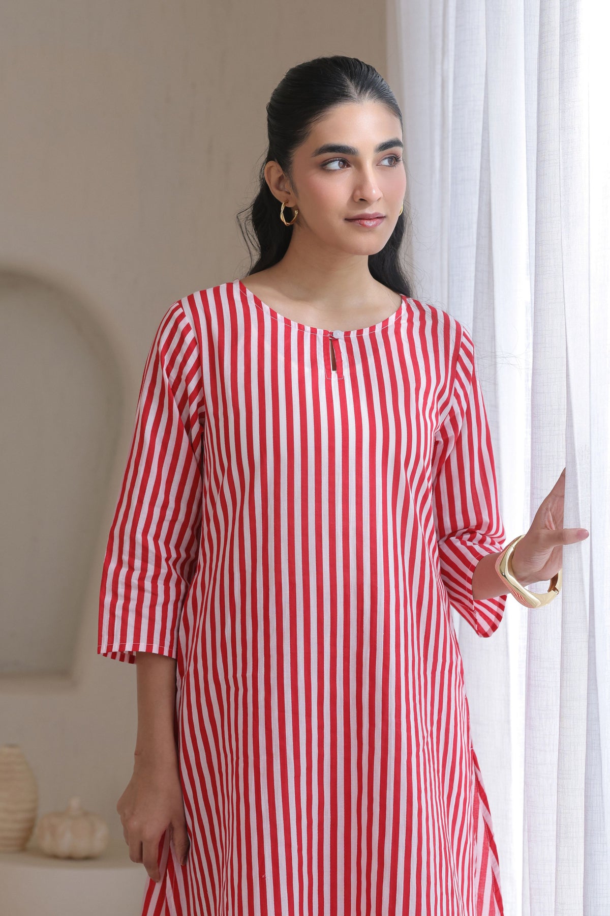Classic Stripe Kurta Pant Set - Red
