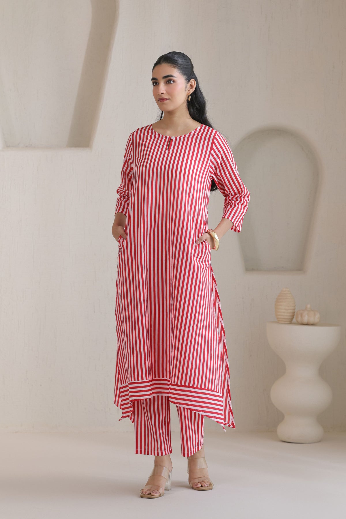 Classic Stripe Kurta Pant Set - Red