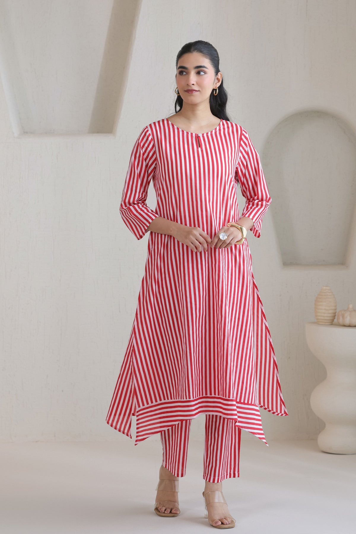 Classic Stripe Kurta Pant Set - Red