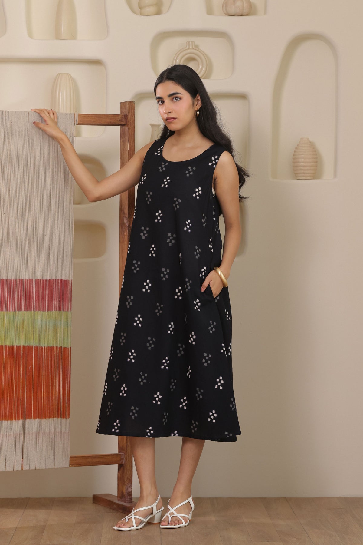 Black Motif Butti Sleeveless Dress - Black