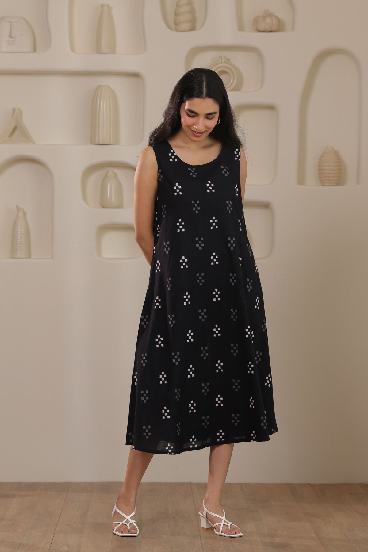 Black Motif Butti Sleeveless Dress - Black