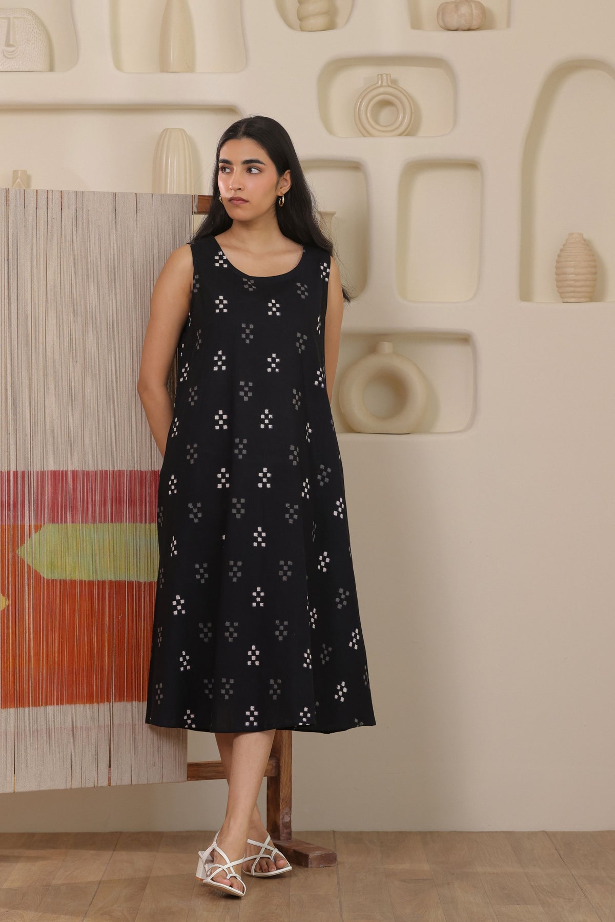 Black Motif Butti Sleeveless Dress - Black