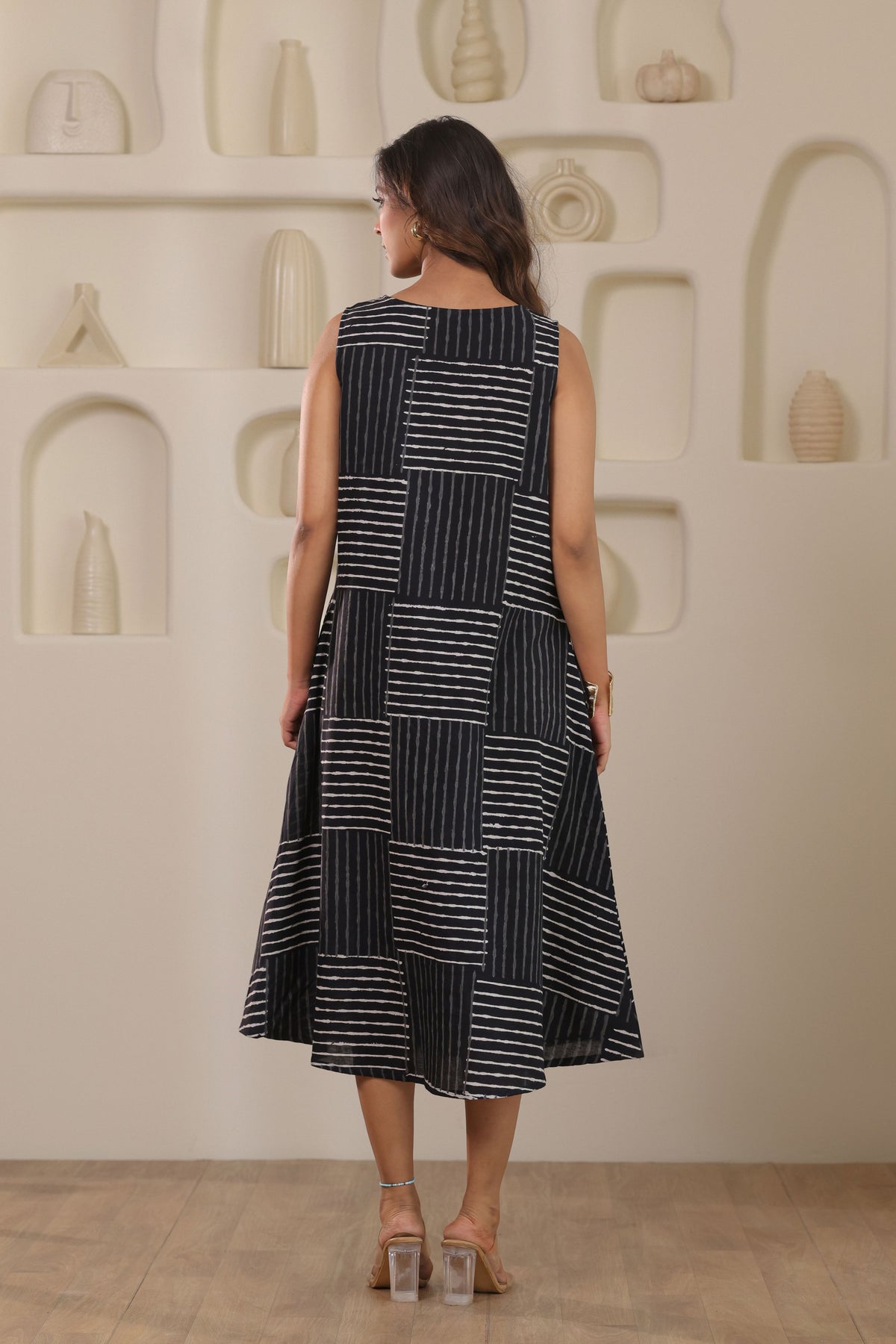 Monochrome Check Sleeveless Dress - Black