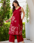 Gul-Bano Sleeveless Kurta With Plain Palazzo Set Maroon