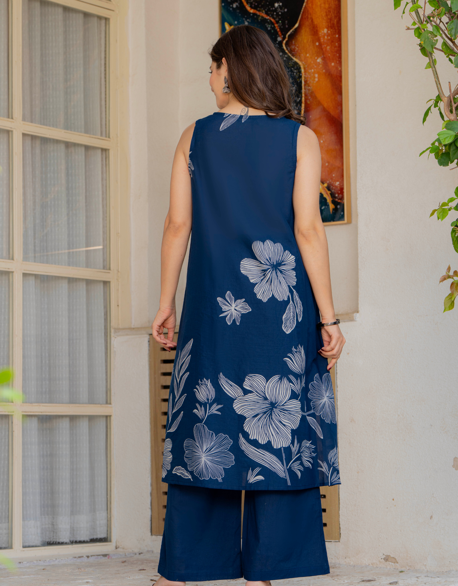 Gul-Bano Sleeveless Kurta With Plain Palazzo Set Navy Blue